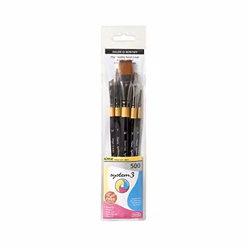 Daler-Rowney System3 Acrylic Brush Wallet Set with 5 Assorted Synthetic Hair Short Handle Brushes in Black and Multicolour