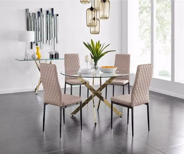 FurnitureboxUK Novara Gold Round Dining Table and Four Milan Black Leg Chairs in Cappuccino with Glass Top, Diameter: 120 cm
