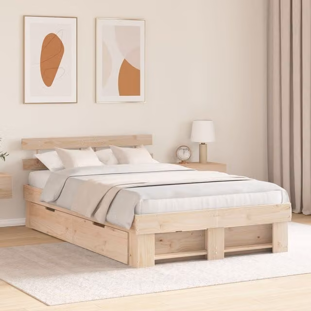 Berkfield Home Modern Bed Frame with Drawers in Beige Solid Pine Wood W/D/H: 140 x 190 cm