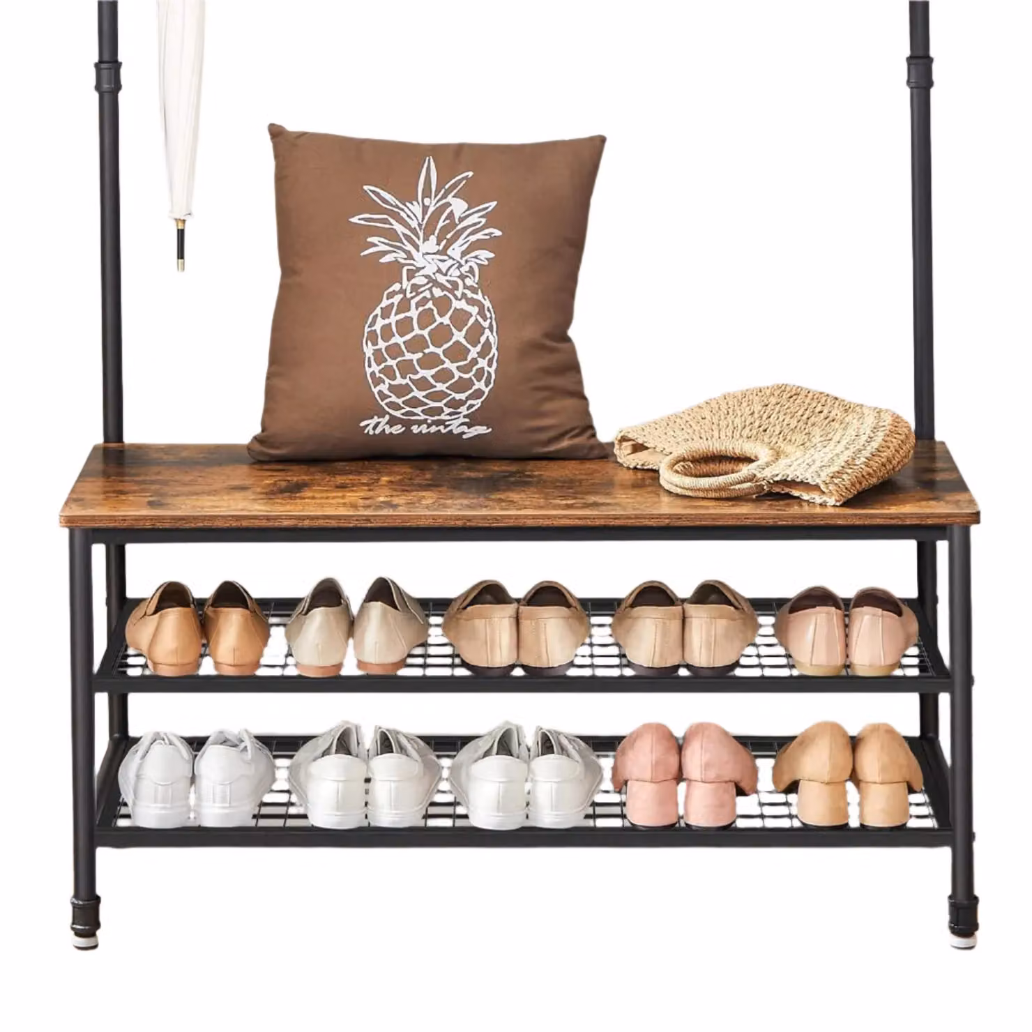 Modcraft Industrial Hall Tree with Bench and Shoe Rack in Brown Oak and White – 4