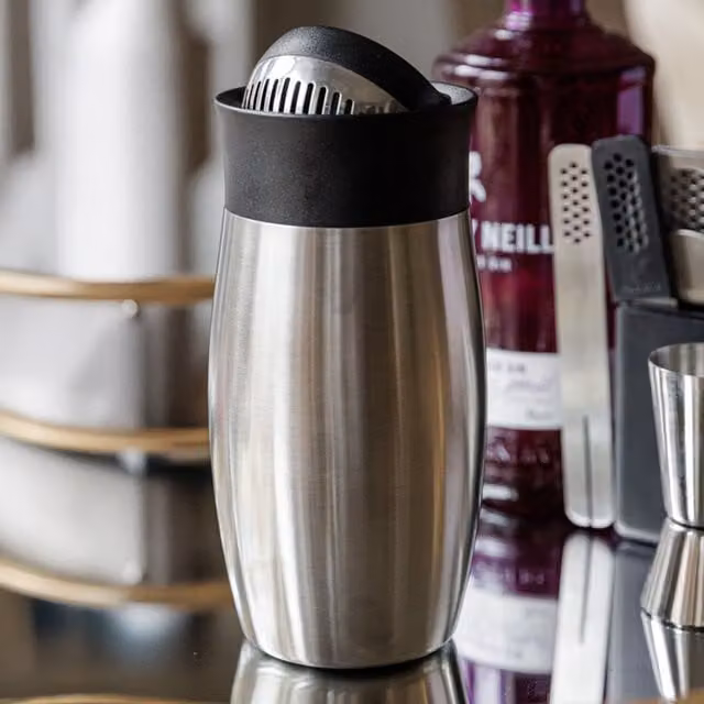 BarCraft Round Stainless Steel Flip Top Cocktail Shaker in Black