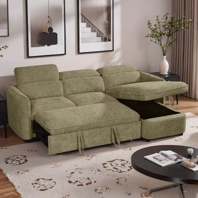 Furnishings For Less UK Ria L Shaped 4 Seater Fabric Corner Sofa Bed in Bottle Green – 1