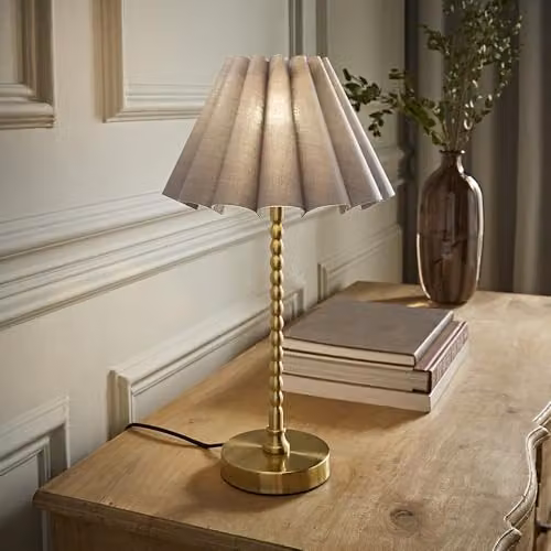ValueLights Maeve Grey Scallop Pleated Tapered Shade Brushed Gold Bobbin Bobble Table Lamp – 3