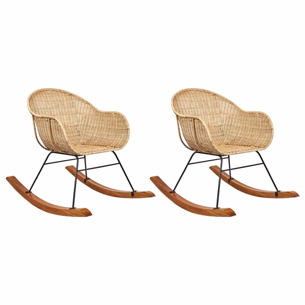 Wyld and Coco Set of 2 Natural Rattan Rocking Chairs with Mahogany Legs – 2