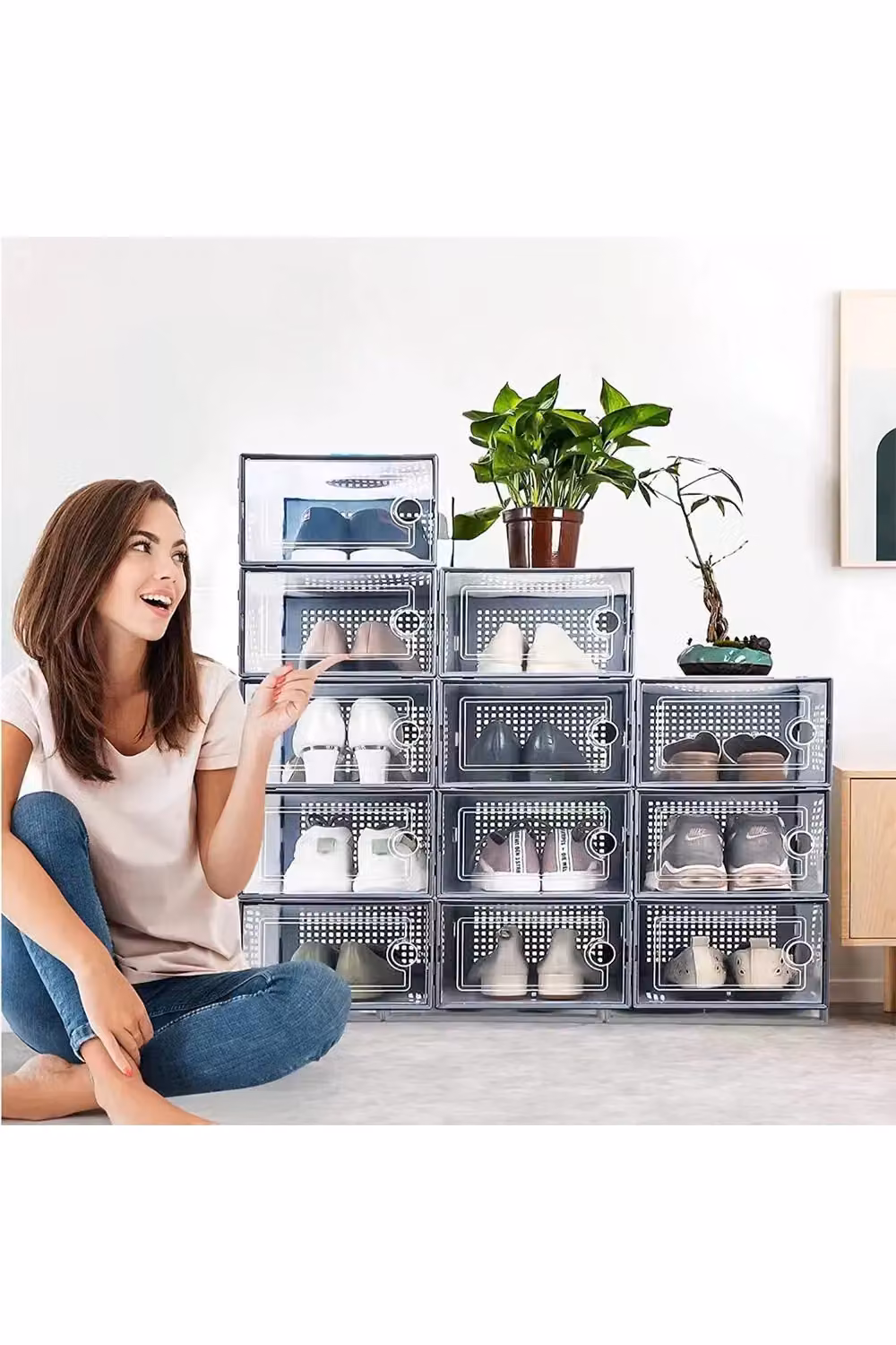 Living and Home 12-Piece Stackable and Foldable Clear Plastic Shoe Storage Box Set in Grey – 2