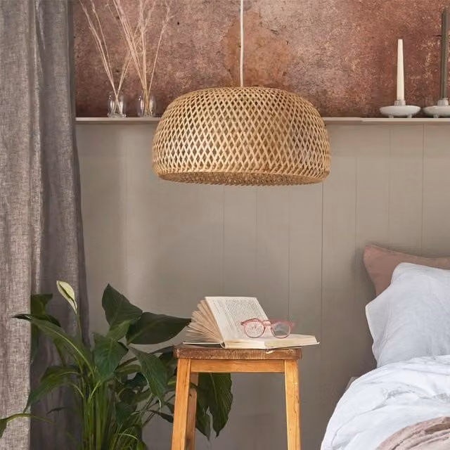 ValueLights Perugia Natural Bamboo and Rattan Dome Pendant Ceiling Light in Beige and Sand