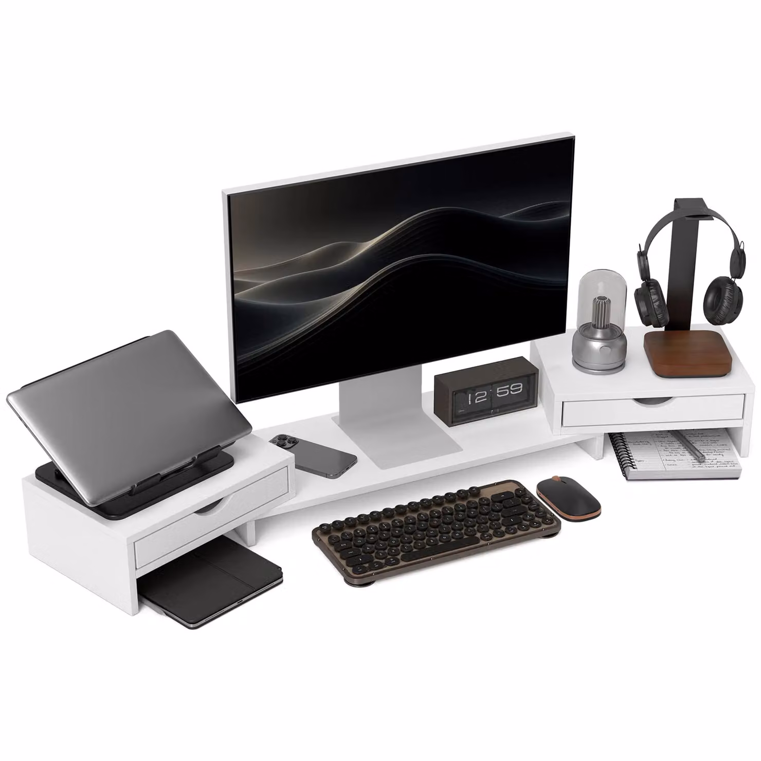 HOMCOM Dual Monitor Stand Riser with Adjustable Length and Angle, White, W: 116 cm x D: 60 cm x H: 12 cm – 2