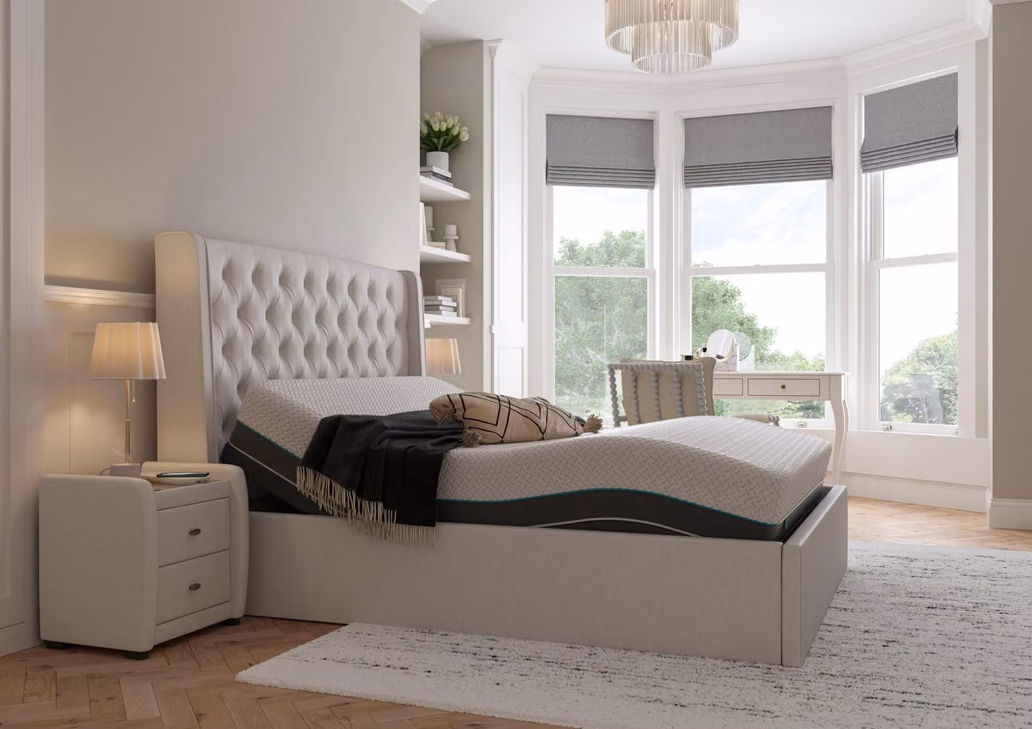 Dreams Deacon Sleepmotion Adjustable Upholstered Bed Frame in Beige Fabric