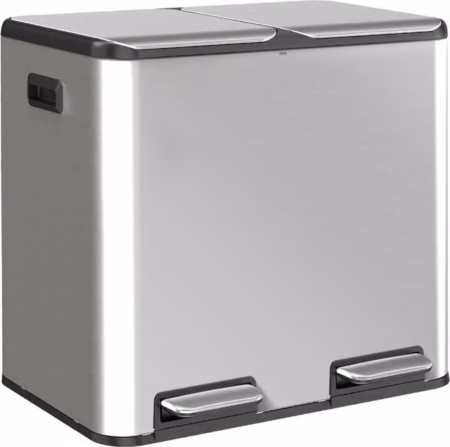 HOMCOM Double Kitchen Bin with Dual 20L Compartments, Stainless Steel Pedal Rubbish Bin with Soft Close Lids and Odour Filter, Silver Tone – 1
