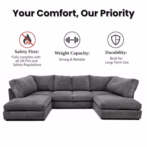 Bliss Furniture Jumbo Cord U-Shaped Sofa in Black, Modern Design with Removable Covers and Solid Wood Frame – 4