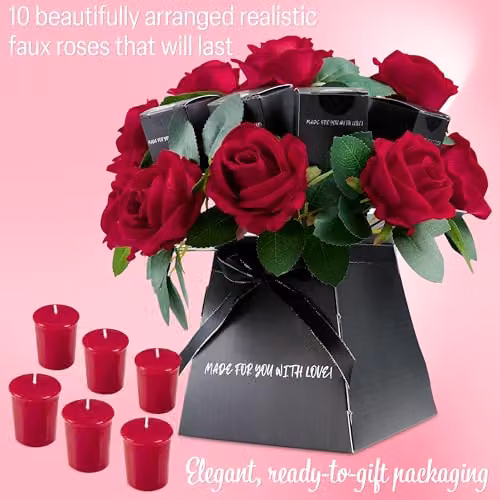 DECO EXPRESS Rose Scented Votive Candle and Artificial Flower Gift Set in Red and Multicolour – 3