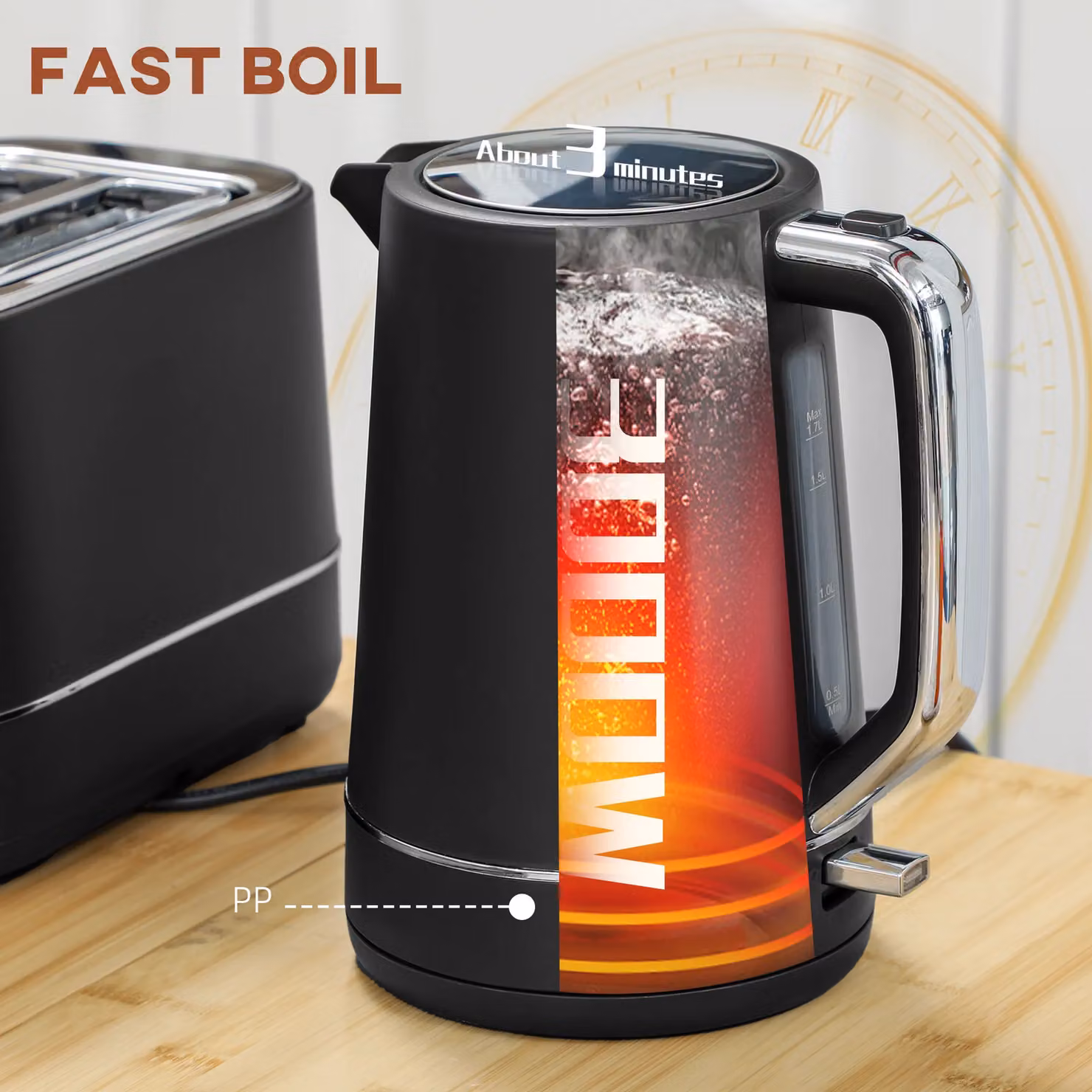 HOMCOM Black Electric Kettle 1.7L and 2 Slice Toaster Set – 3