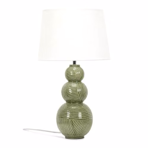 ValueLights Green Ceramic Stacked Balls Table Lamp with White Tapered Fabric Shade and Warm White Bulb