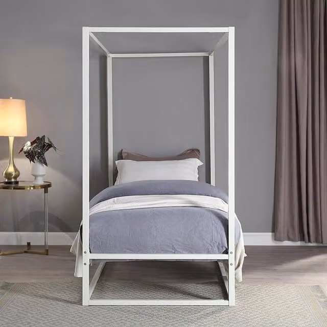 SlumberWorx Ashwell Modern Metal 4 Poster Canopy Bed Frame in White
