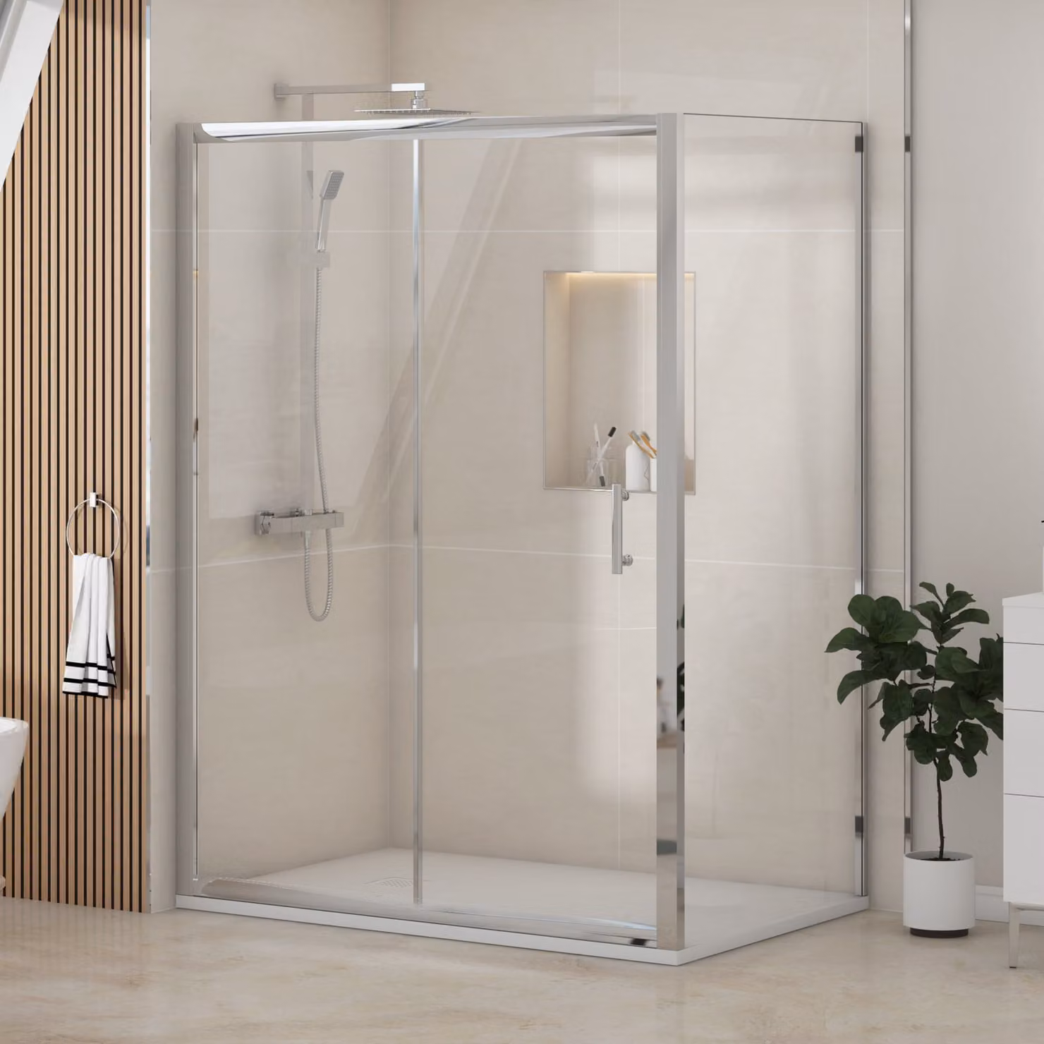 Royal Bathrooms Grand Sliding Door Rectangular Shower Enclosure with Side Panel and White Mineral Cast Stone Shower Tray, W: 160 cm, D: 70 cm, H: 185 cm, 6mm Glass