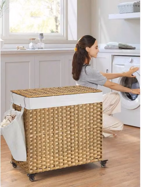 SONGMICS 160 L 3-Compartment Rolling Laundry Hamper with Removable Bags and Wheels, Yellow
