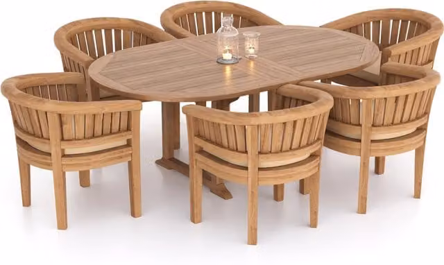 Eterna Home Salerno Teak Garden Dining Table and 6 Chair Set with Black Cushions