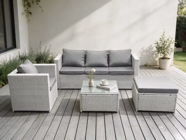 Fimous L-Shape Grey Rattan Garden Furniture Set with 3-Seater Sofa, Armchair, Coffee Table and Ottoman – 1