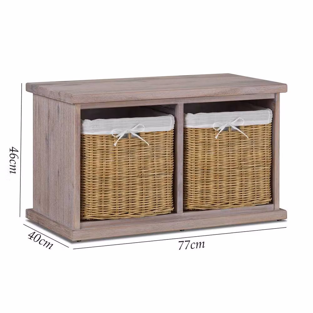 Statement Furniture Tetbury Hallway Bench in Brown Acacia Wood with 2 Natural Wicker Baskets, W/D/H: 77 x 40 x 46 cm – 1