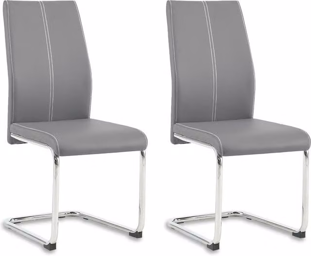 SONARA Set of 2 Modern Faux Leather Dining Chairs with Chrome Metal Cantilever Legs in Grey