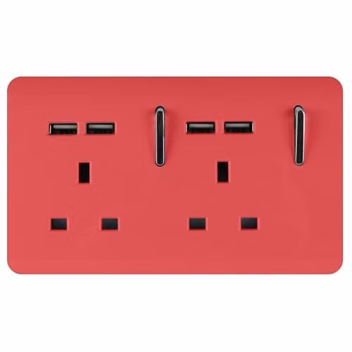 Trendi 2 Gang 13 Amp Double Switched USB Type A Charging Socket in Strawberry Red