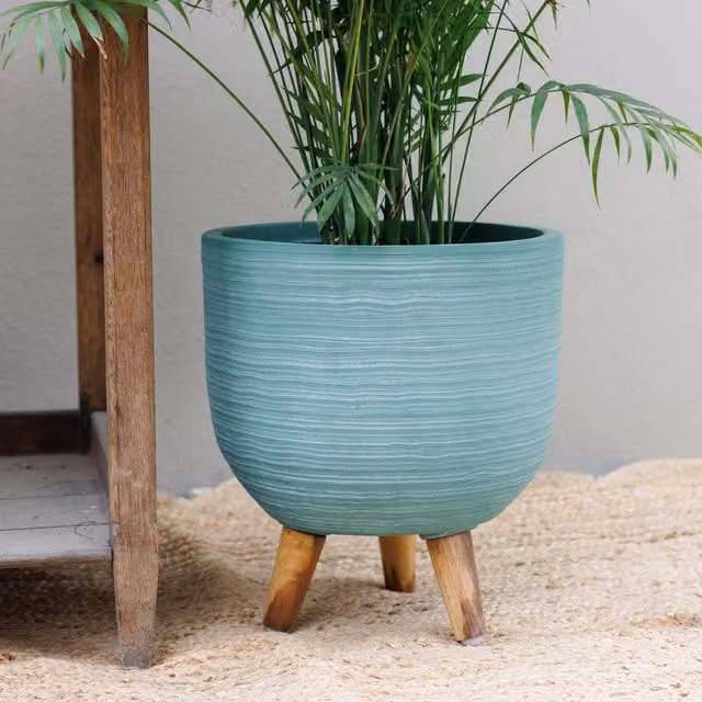 Primrose Round Textured Ceramic Patio Planter with Wooden Legs in Blue