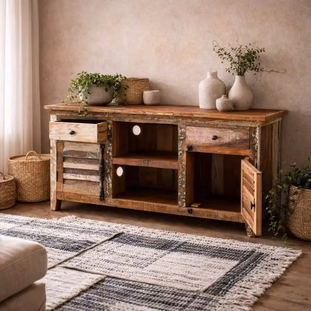 Wyld Haus Seattle Reclaimed Wood Media Sideboard in Brown with 2 Drawers, 2 Doors and 1 Shelf