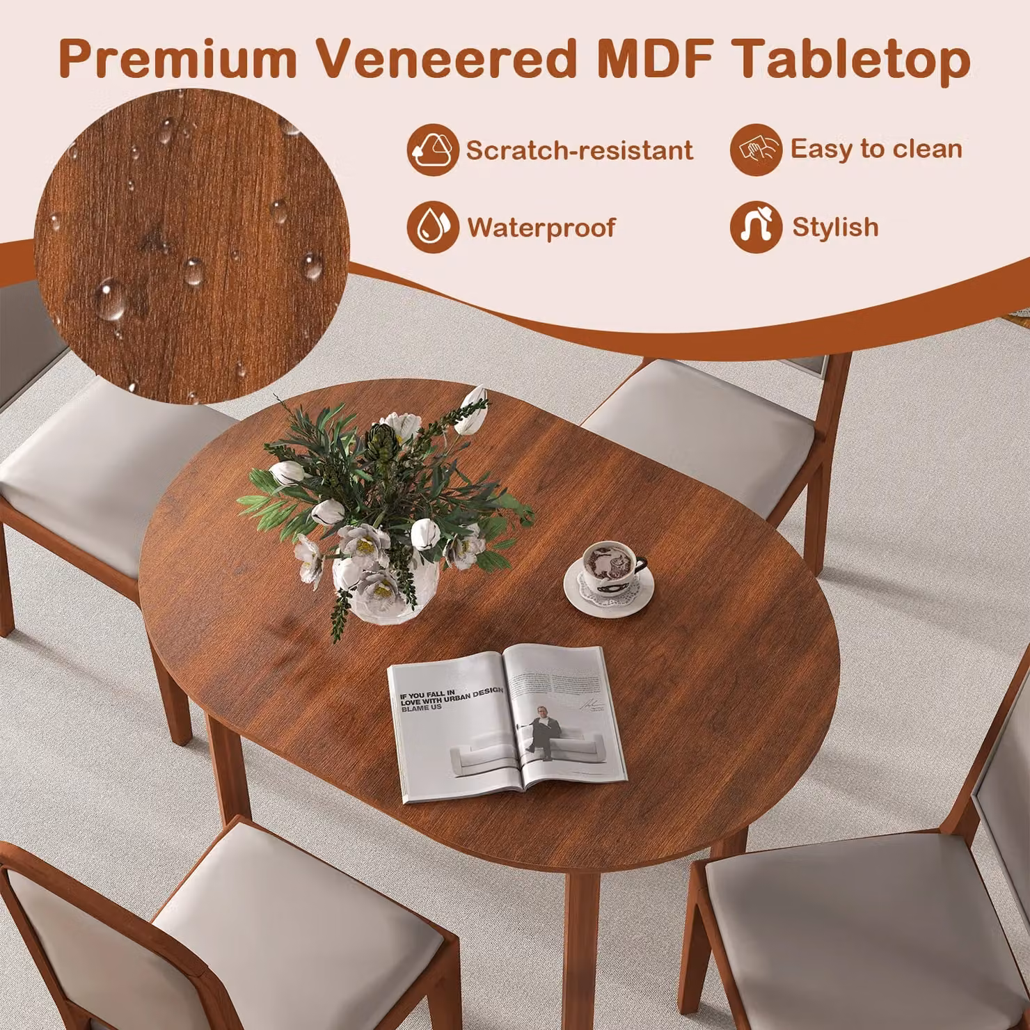 Costway Modern Oval Wooden Dining Table in Brown, W/D/H: 110 x 77 x 78 cm – 7