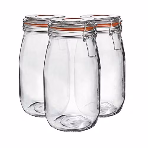 Argon Tableware Set of 6 Transparent Glass Storage Jars with Airtight Stainless Steel Clip Lids, 1.5 l – 1