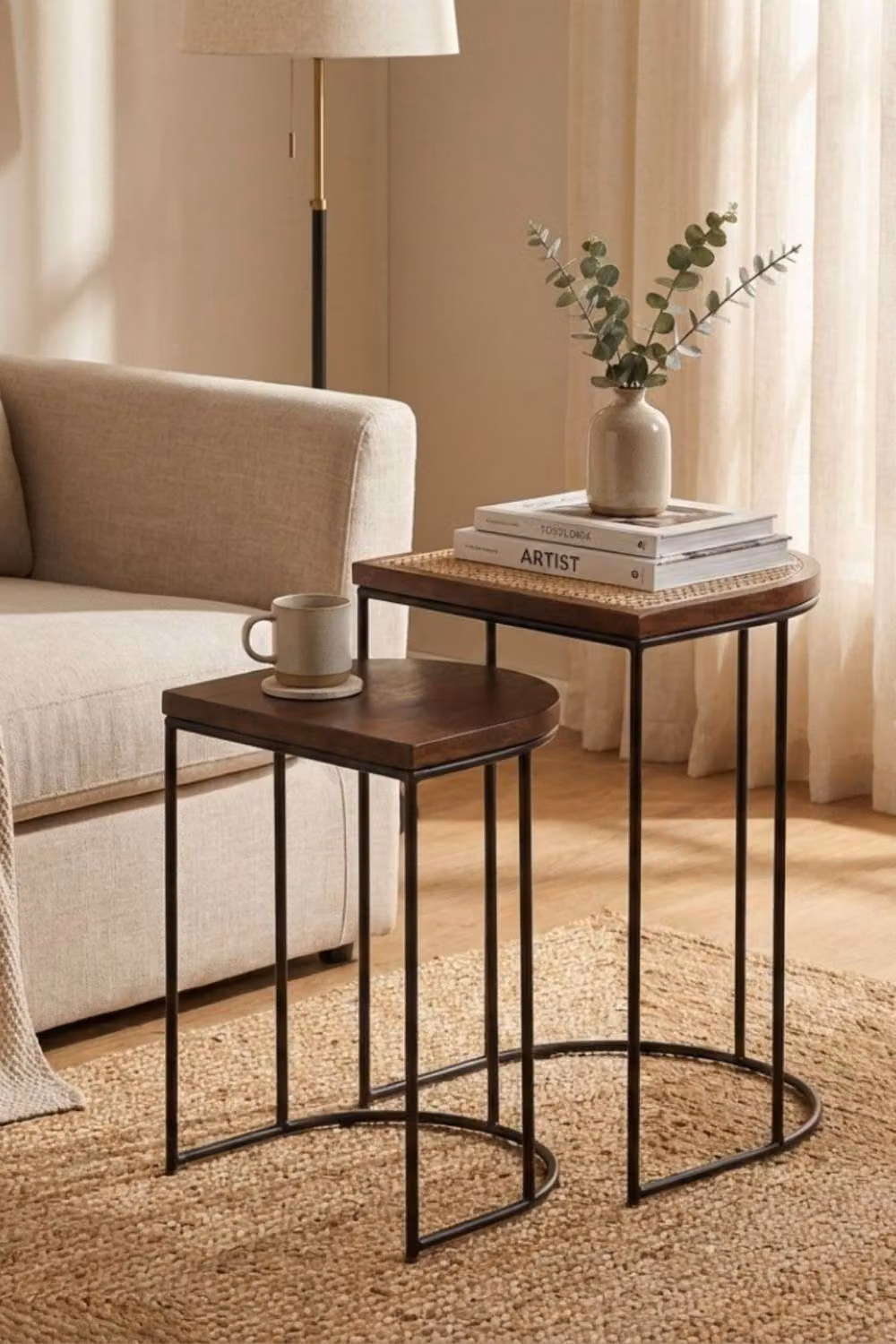IH Design Giselle Nest of 2 Tables in Walnut and Mango Wood with Metal Sled Base – 4