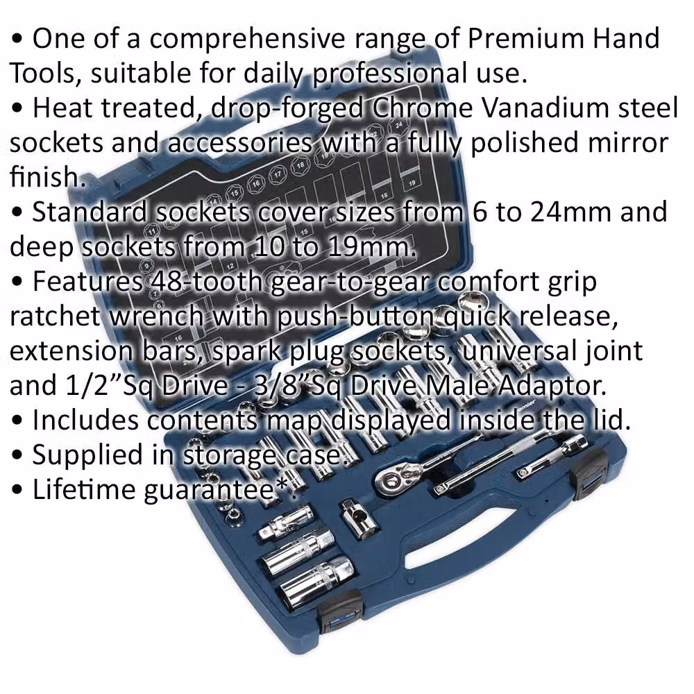Loops 34pc Premium 3/8 inch Square Drive Metric Deep Socket and Ratchet Handle Set in Silver and Multicolour Chrome Vanadium Steel – 2