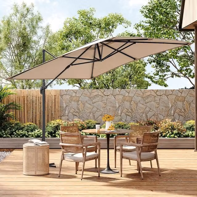 Livingandhome 3m Cantilever Outdoor Parasol Umbrella with Cross Base in Beige