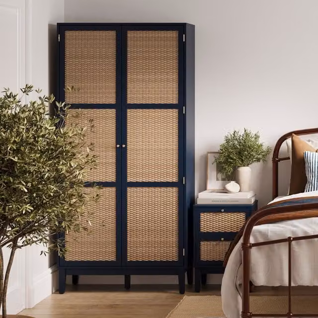 LPD Home Bordeaux 2 Door Modern Rattan Wardrobe in Blue