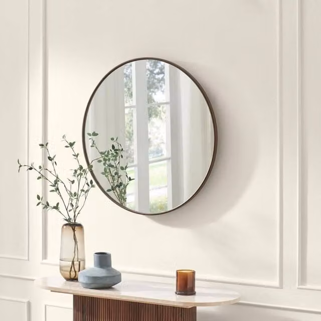 FurnitureboxUK Inga Round Wall Mirror in Brown Walnut Wood, Diameter: 80 cm – 1