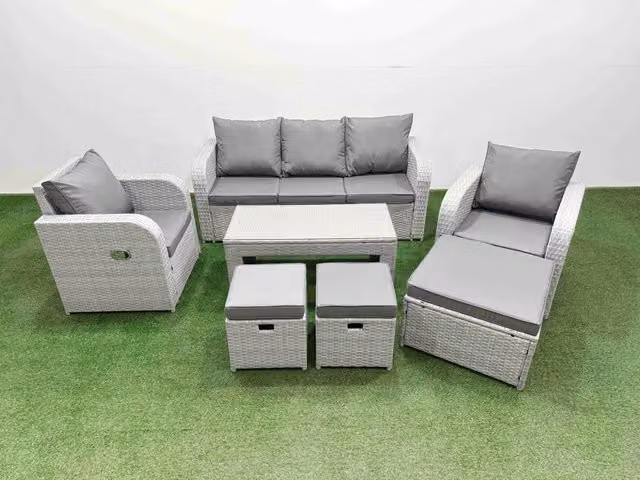 Fimous PE Rattan Garden Furniture Set in Light Grey with 3-Seater Sofa, Reclining Armchair, Coffee Table and Ottoman