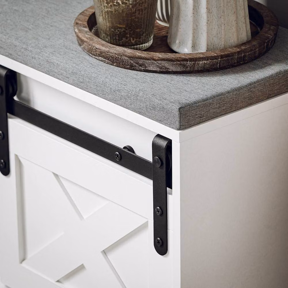 SoBuy Entrance Bench with Storage, Sliding Door and Padded Fabric Seat in White and Grey – 5