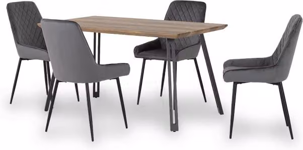 Seconique Quebec Oak Effect Rectangular Dining Table and 4 Avery Grey Velvet Chairs