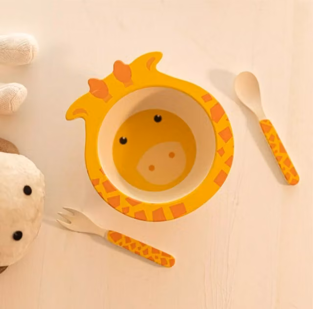 Marco Paul 3-Piece Childrens Bamboo Wood Dinner Service in Orange and Yellow