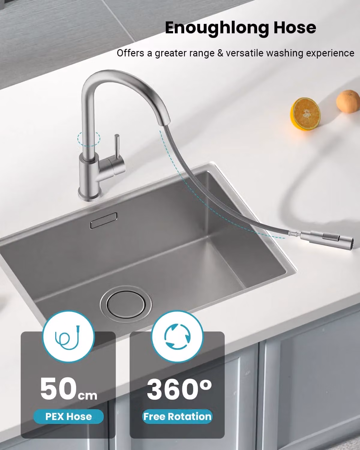 Appaso Single Lever Kitchen Mixer Tap with Pull Out Spout and 2 Spray Modes in Brushed Silver Stainless Steel W/D/H: 36.5 x 17.0 x 20.0 cm – 3