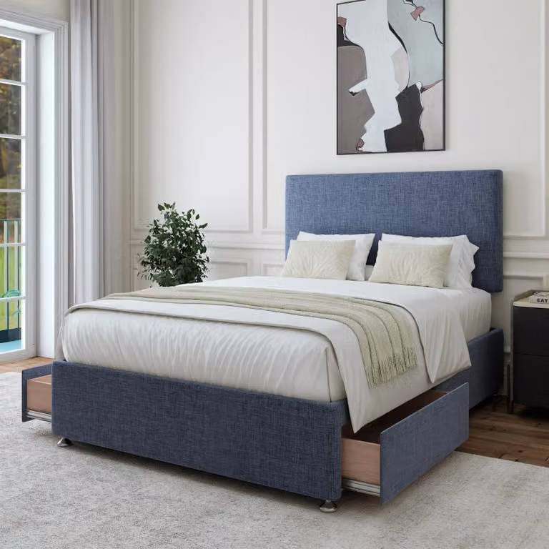Bedmaster Super King Linen 2 Drawer Divan Base and Plain Headboard in Black