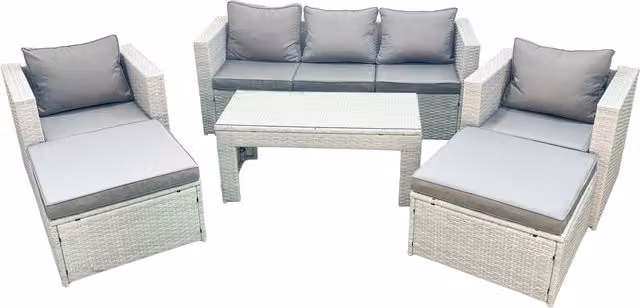 Fimous 7 Seater Rattan Garden Furniture Set in Light Grey with Outdoor Sofa, 2 Chairs, Oblong Coffee Table and 2 Stools