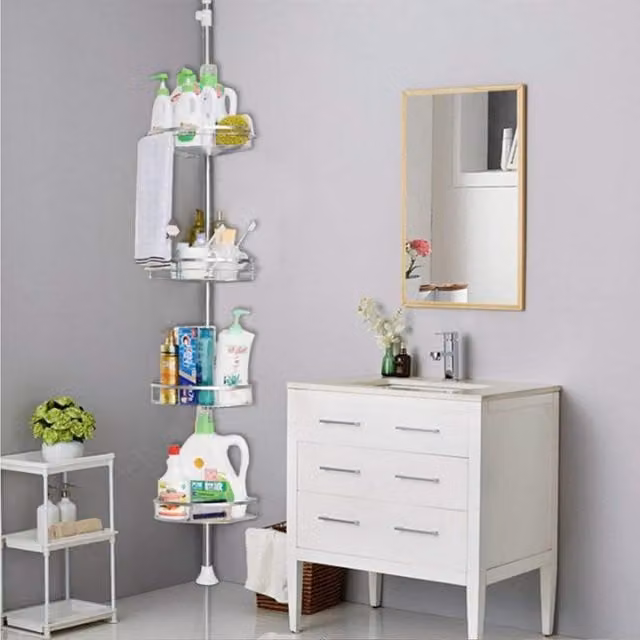 Livingandhome 4 Tier Telescopic Corner Shower Caddy in Silver, Adjustable Stainless Steel Tension Rod Storage Shelf