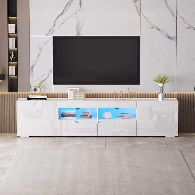 FORGEVIO Modern White High Gloss TV Unit Stand with Integrated LED Lights