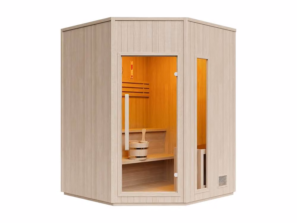 Vente-unique Kotka 5-6 Seater Finnish Corner Sauna in Light Oak, W/D/H: 180 x 180 x 210 cm – 2