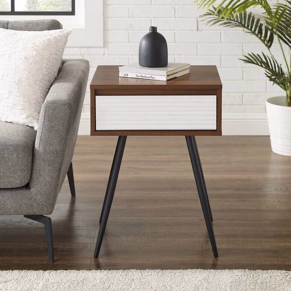ERGOVEXA Mid-Century Bedside Nightstand with 1 Drawer, Dark Brown Walnut Finish, W/D/H: 40.64 x 40.64 x 63.5 cm – 3