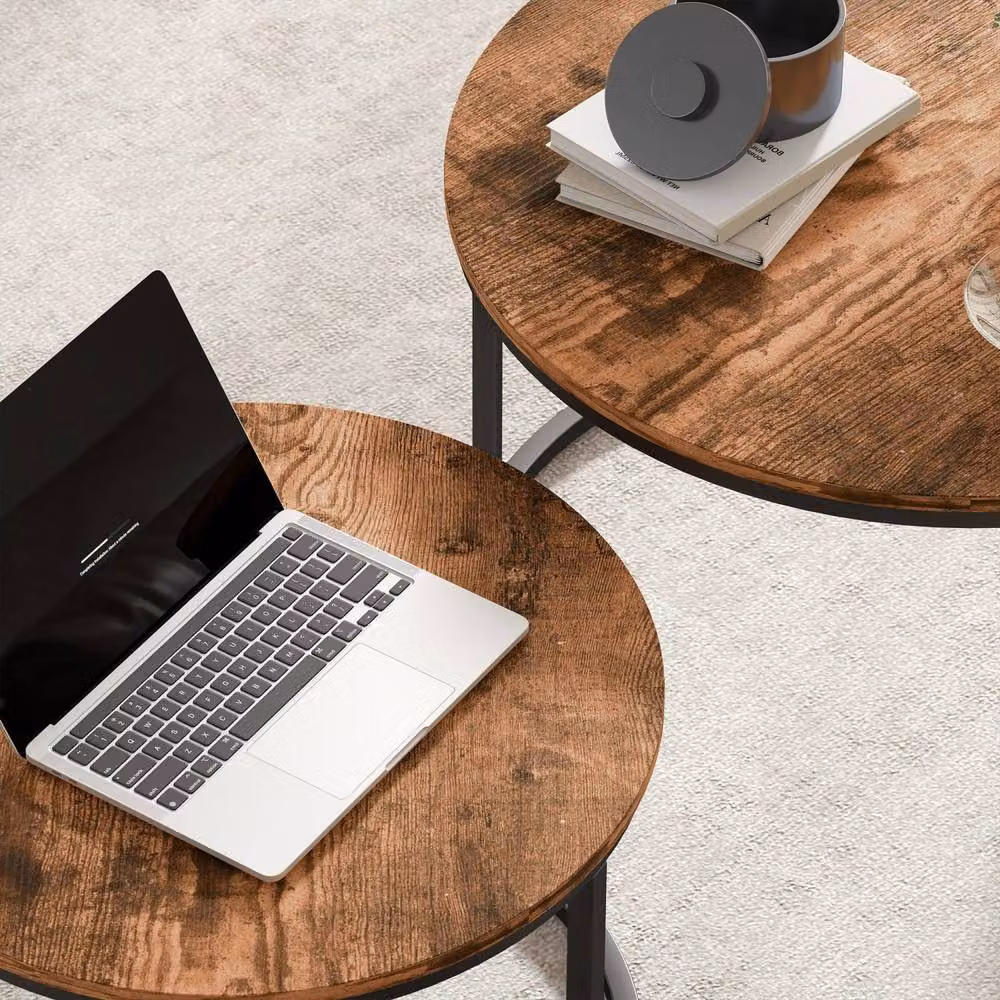 Wyld Haus Pasu Set of 2 Round Nesting Coffee Tables with Rustic Brown Wood Tops and Black Metal Sled Bases – 6