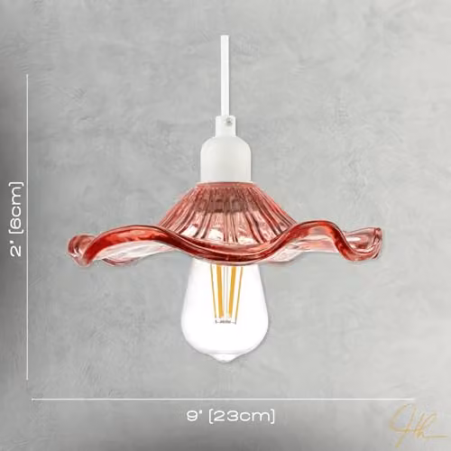 Happy Homewares Pink Ribbed Glass Cylinder Pendant Light Shade with Wavy Ruffled Edge, W/D/H: 23 x 23 x 6 cm – 3