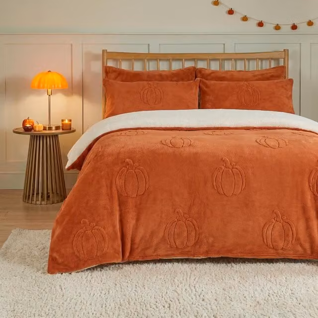 OHS Pumpkin Teddy Reversible Duvet Cover Set in Orange and Beige, W: 200 cm, H: 220 cm