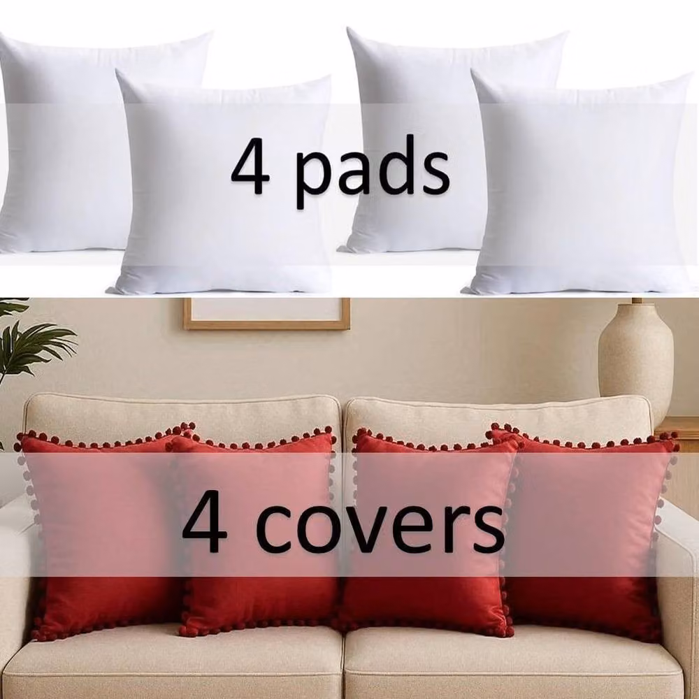 Luxury Living Set of 4 Red Velvet Square Cushions with Pom Trim, W/D/H: 43 x 43 x 43 cm – 4