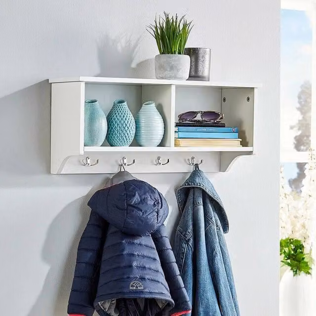 FORGEVIO Wall Mounted Coat Hook Unit with Shelves in White Matt Metal